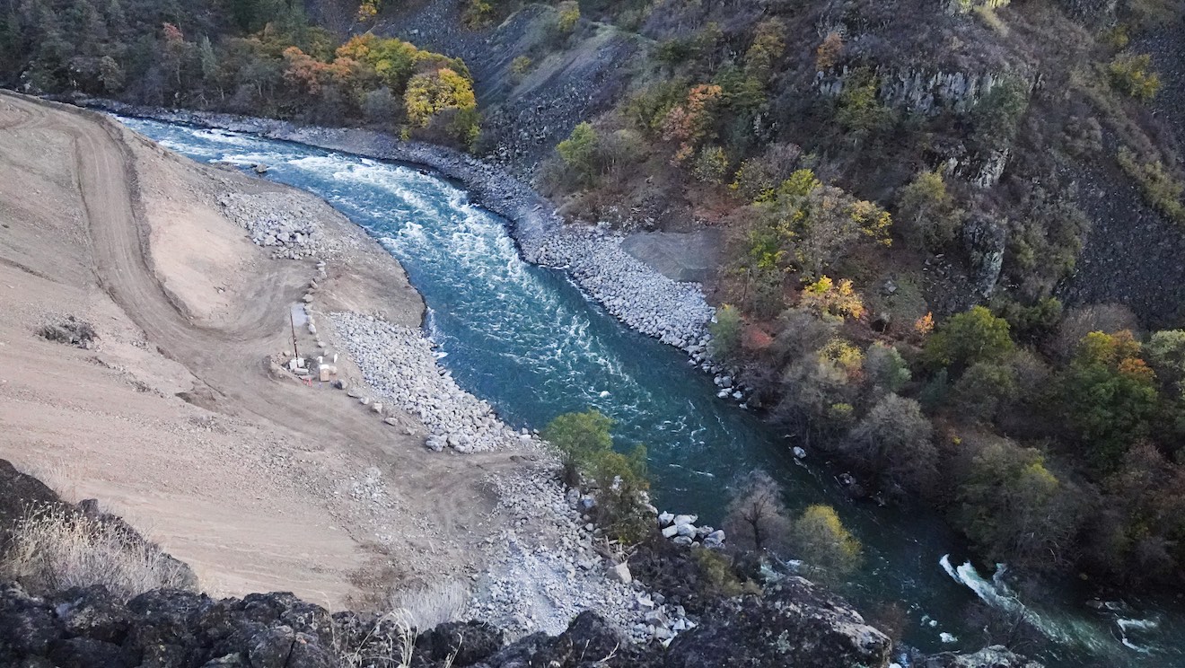 Removing the Copco 2 Dam takes deconstruction crews one step closer to drawdowns of the remaining three reservoirs next January. (Credit: Swiftwater Films)